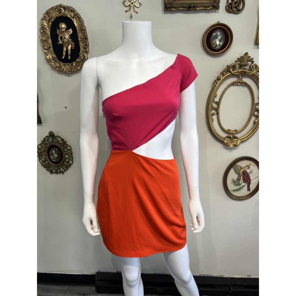 Lovers + Friends Pink Orange Colorblock One Shoulder Cutout Mini Dress Sz S New